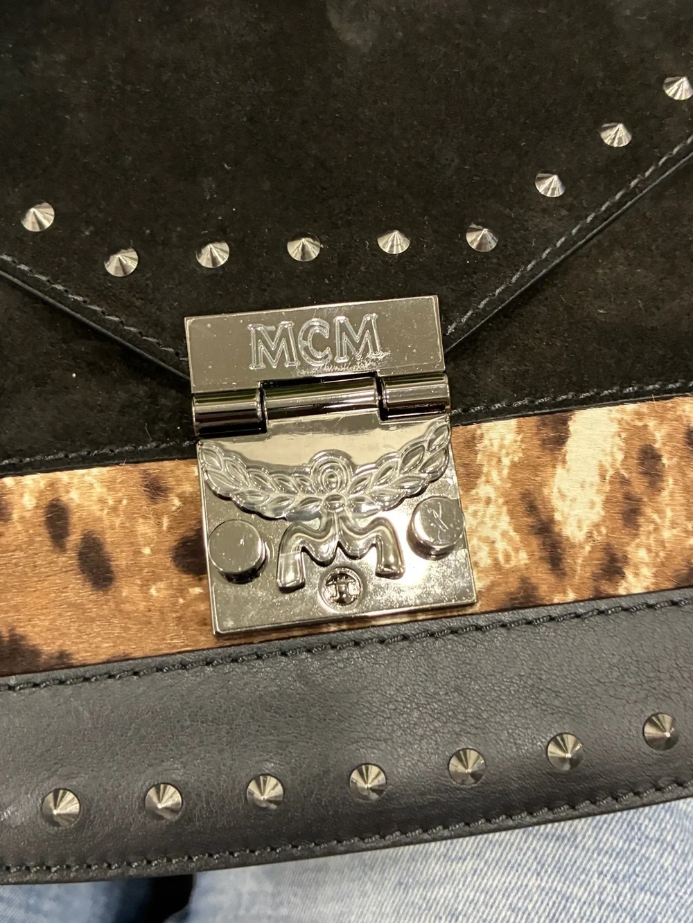 MCM Patricia Studded Leopard Haircalf Crossbody bag- Black Leather-preowned - Picture 9 of 9